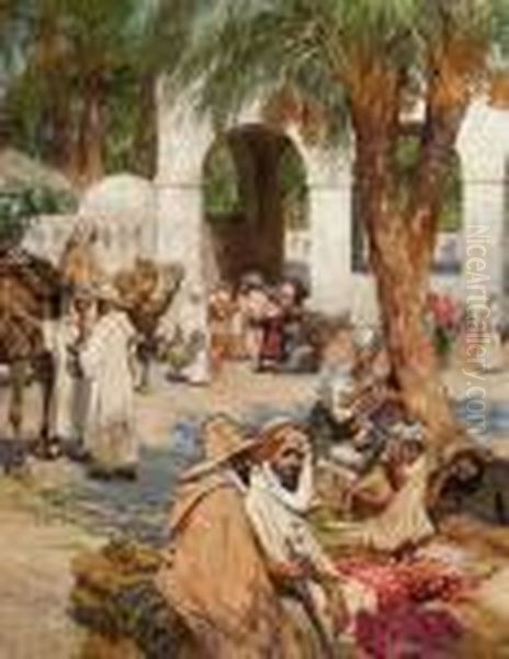 A Fondouk In Laghouat, Algeria Oil Painting by Frederick Arthur Bridgman