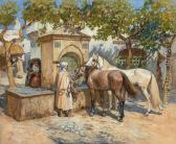 Horses Watering, Tunis Oil Painting by Frederick Arthur Bridgman