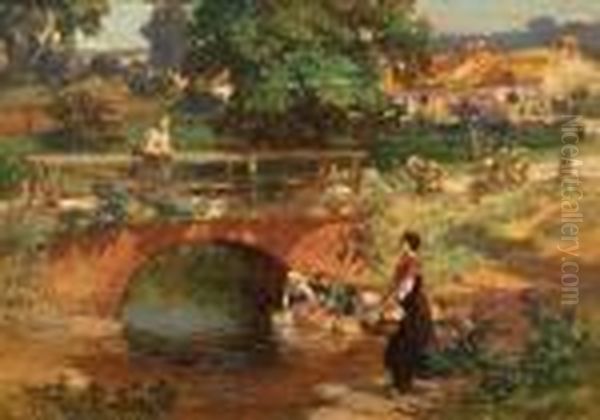 Village Scene,washing Laundry Oil Painting by Frederick Arthur Bridgman