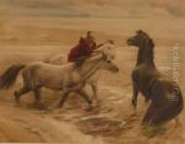 Native American And Horses On The Shore Oil Painting by Frederick Arthur Bridgman