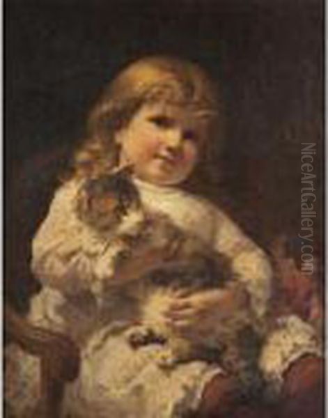 Young Girl With A Cat Oil Painting by Frederick Arthur Bridgman