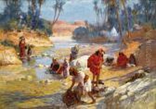 Lavandieres Au Bord De L'oued Oil Painting by Frederick Arthur Bridgman