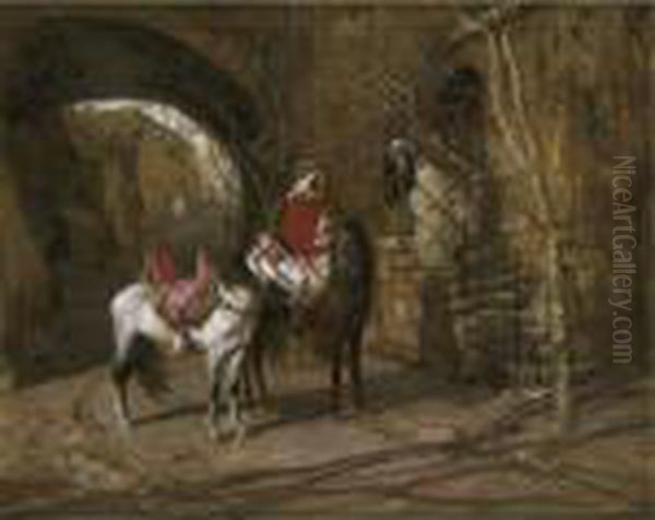 Horseman In A Courtyard Oil Painting by Frederick Arthur Bridgman