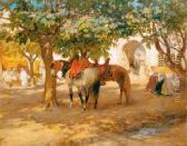 Halte Devant Le Cafe A Biskra Oil Painting by Frederick Arthur Bridgman