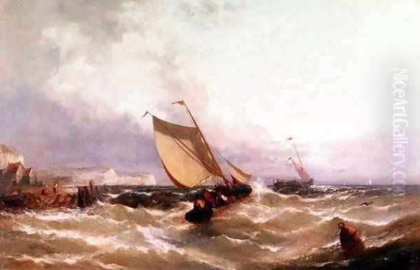 Fishing Boats off a Coastline Oil Painting by Edwin Hayes