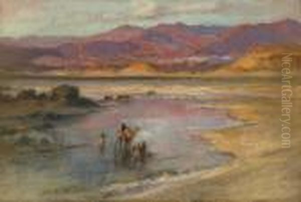 Crossing An Oasis, With The Atlas Mountains In The Distance, Morocco Oil Painting by Frederick Arthur Bridgman