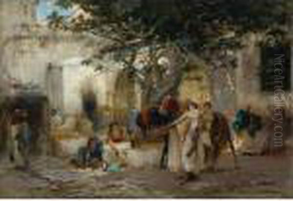 Courtyard In Algeria Oil Painting by Frederick Arthur Bridgman