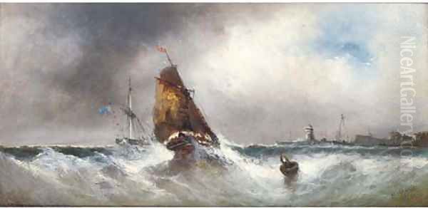 Shipping in squally conditions off a harbour mouth Oil Painting by Edwin Hayes