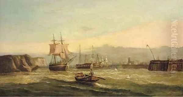 A trading brig and hulks at the harbour mouth Oil Painting by Edwin Hayes