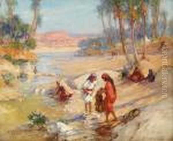 Women Washing Clothes In A Stream Oil Painting by Frederick Arthur Bridgman