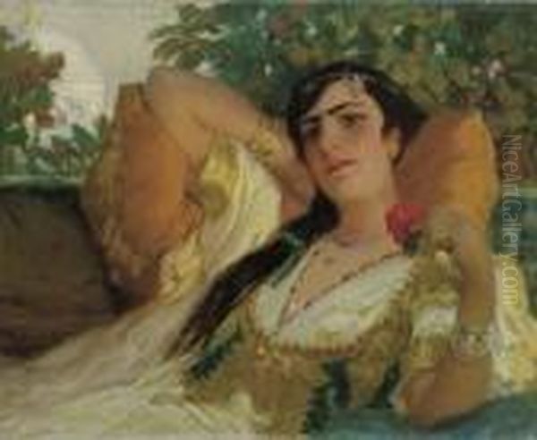 An Oriental Beauty Oil Painting by Frederick Arthur Bridgman