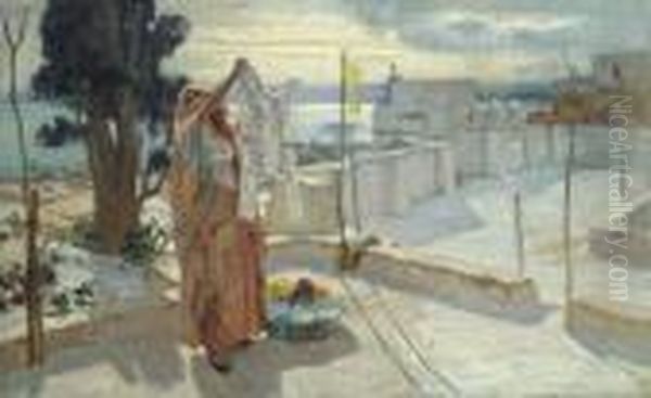 On The Terrace, Medina, Marrakesh Oil Painting by Frederick Arthur Bridgman