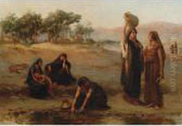 Women Drawing Water From The Nile Oil Painting by Frederick Arthur Bridgman