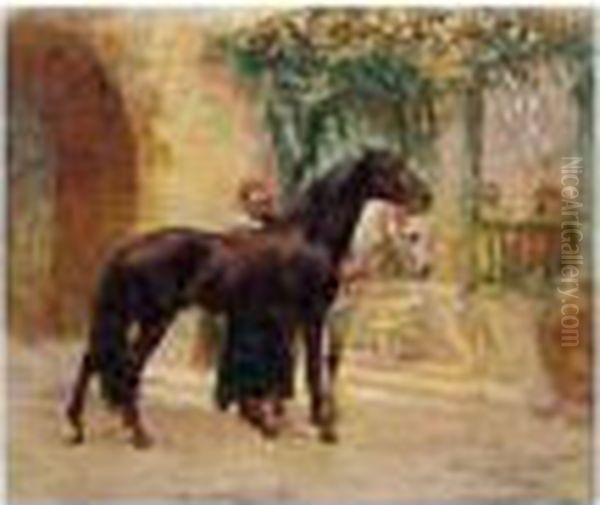 Barbary Horses At Cairo Oil Painting by Frederick Arthur Bridgman