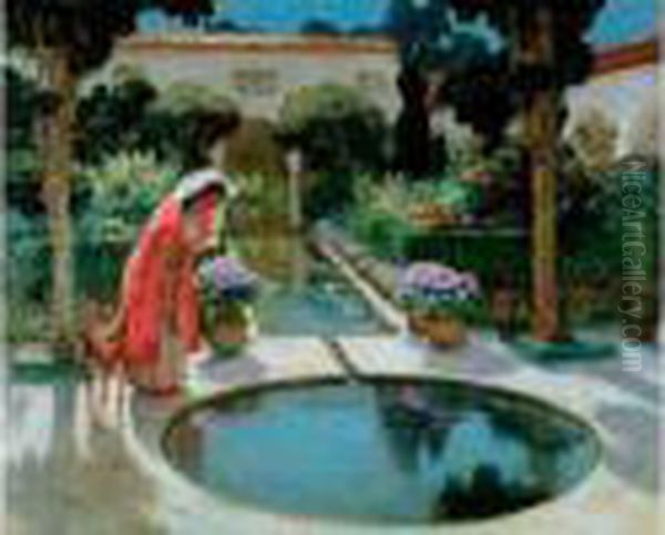 Jeune Orientale Et Sa Biche Au Patio Oil Painting by Frederick Arthur Bridgman