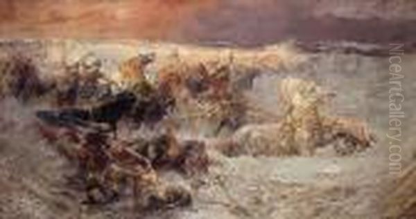 Pharoah And His Army Engulfed By The Red Sea Oil Painting by Frederick Arthur Bridgman