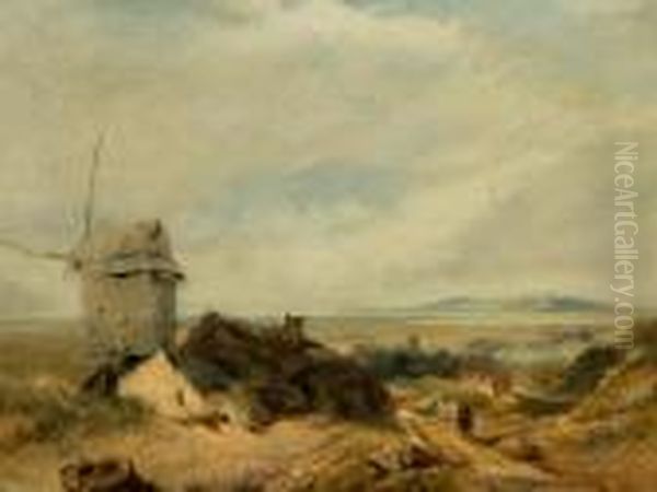 Estuary Landscape With Cloaked Figure Beside Awindmill Oil Painting by Henry Bright