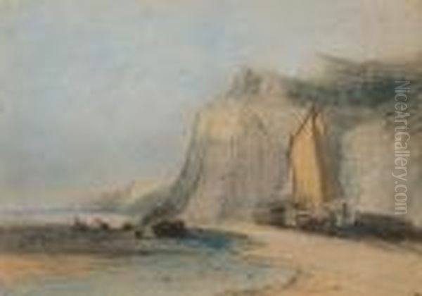 Figures And Boats Before Cromer Cliffs Oil Painting by Henry Bright