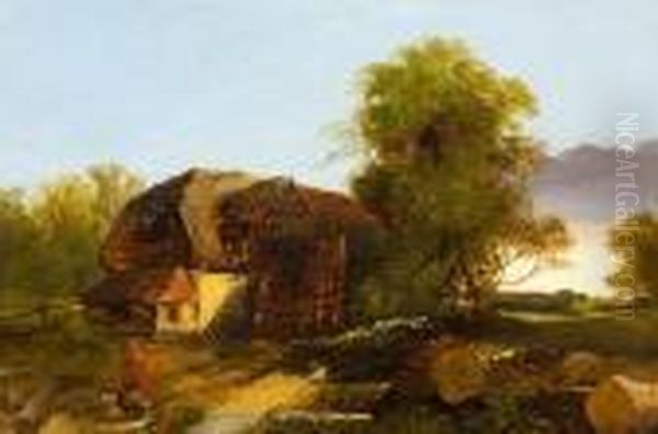 Felled Trees Before A Barn Oil Painting by Henry Bright