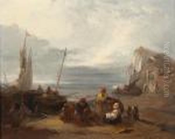 Figures And Boats On A Beach At Sunset Oil Painting by Henry Bright