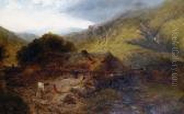 A Welsh Landscape With Snowdon Beyond Oil Painting by Henry Bright