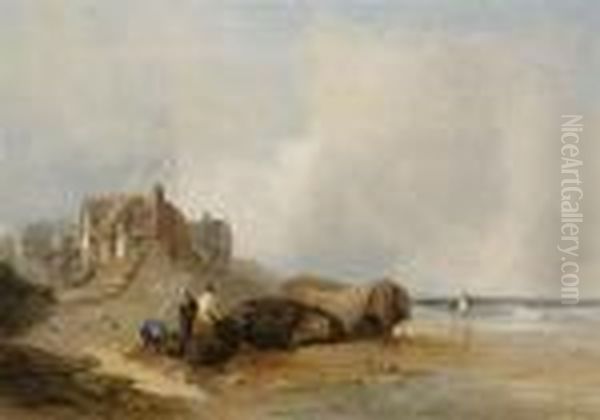 Figures And Boats In The Shallows Before A Coastal Village Oil Painting by Henry Bright