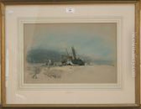 Fisherfolk In Beached Boats On Theshore Of A Coastal Landscape Oil Painting by Henry Bright