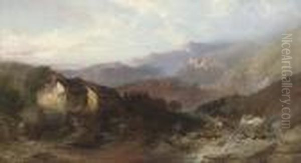 A Welsh Landscape With Figures, Cattle And Sheep Before Acottage Oil Painting by Henry Bright