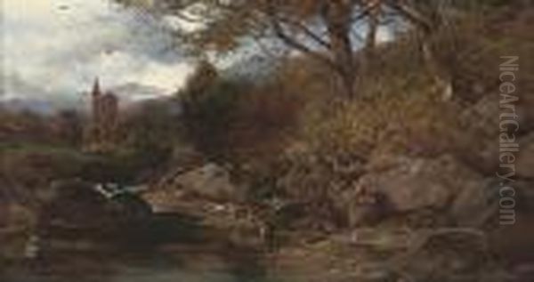 An Angler Resting On A Rocky River Bank Oil Painting by Henry Bright