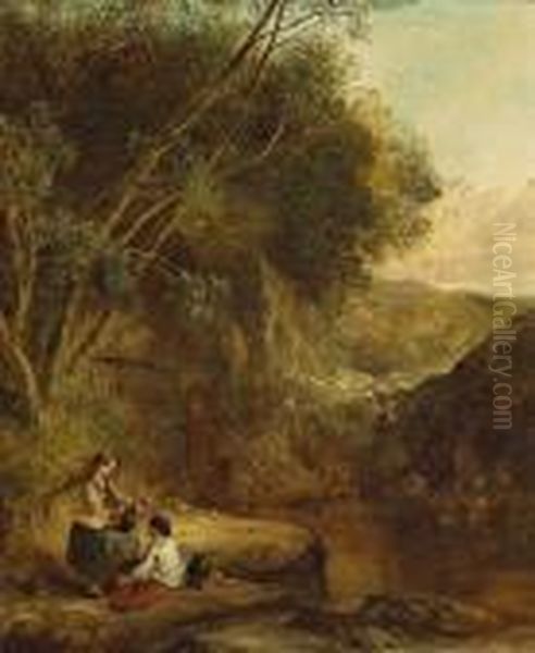 A Wooded Landscape With Two Women On The Banksof A Stream Oil Painting by Henry Bright