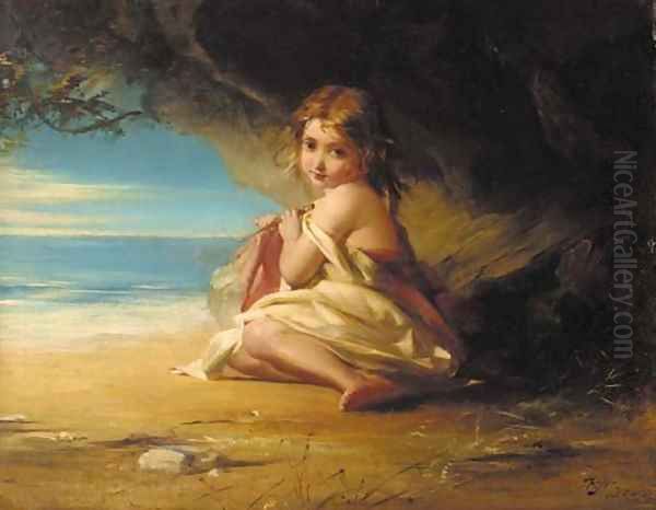 A young girl by the shore Oil Painting by Robert Herdman