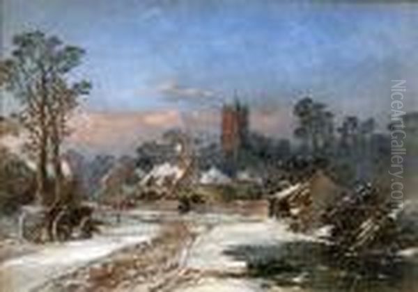 Dedham Village - Winter Oil Painting by Henry Bright