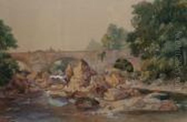 Norwich School -- Figures 
Crossing An Old Stone Bridge In A Wooded River Landscape; Watercolour, 
Signed, 22.5x30cm Oil Painting by Henry Bright