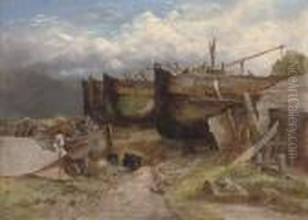 The Old Boat Yard At Yarmouth Oil Painting by Henry Bright