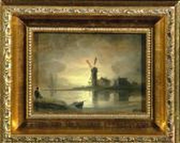 4in. X 5 1/2in. On Panel 
Dordrecht-a Windmill By The River At Moonrise With Inscription And Date 
1871 On The Reverse Oil Painting by Henry Bright