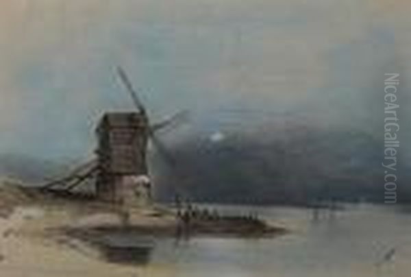 Windmill By Moonlight Oil Painting by Henry Bright