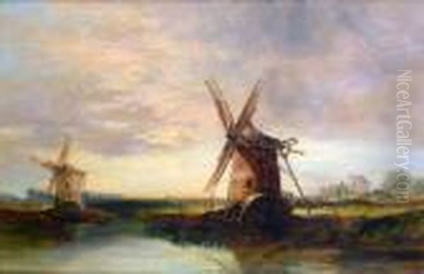 Windmillsin An East Anglian Landscape Oil Painting by Henry Bright