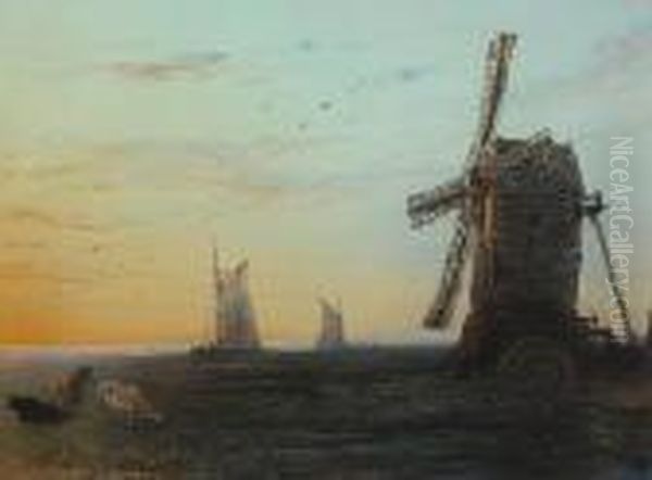 Cattle By A Windmill On The Broads Oil Painting by Henry Bright