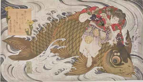 Oniwaka Mara Little Demon overcoming a giant carp Surimono diptych Oil Painting by Toyota Hokkei