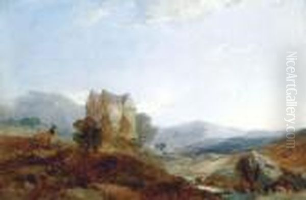 Landscape With Deer, A Castle Beyond Oil Painting by Henry Bright