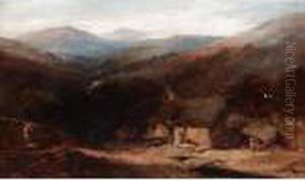 A Welsh Mountain View With Figures By A Croft Oil Painting by Henry Bright