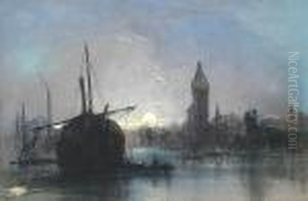 Harbour Scene By Moonlight Oil Painting by Henry Bright