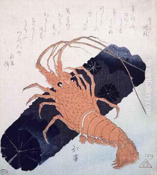 Langoustine with a Block of Charcoal Oil Painting by Toyota Hokkei