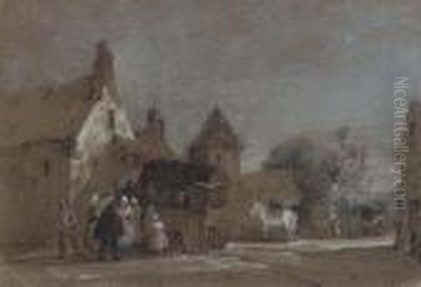 Figures Disembarking From A Carriage In A French Village Oil Painting by Henry Bright