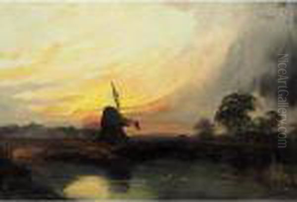 Windmill At Sunset Oil Painting by Henry Bright