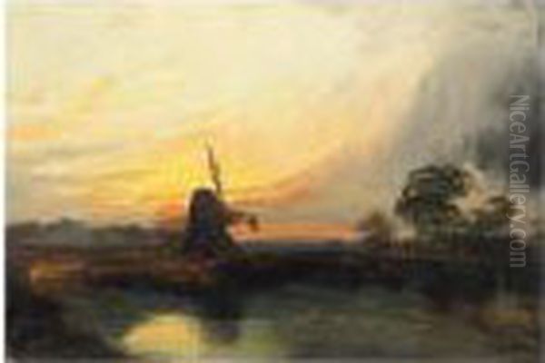 A Windmill At Sunset Oil Painting by Henry Bright