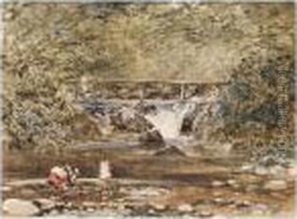 A Bridge Over A River In A Wooded Landscape Oil Painting by Henry Bright