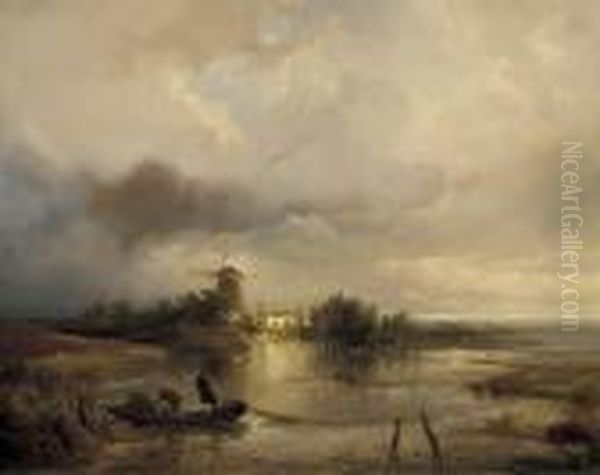 A Windmill In An Extensive Landscape Oil Painting by Henry Bright