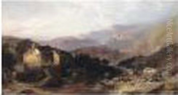 A View In North Wales With An Overshot Mill And Cattle And Sheep Oil Painting by Henry Bright