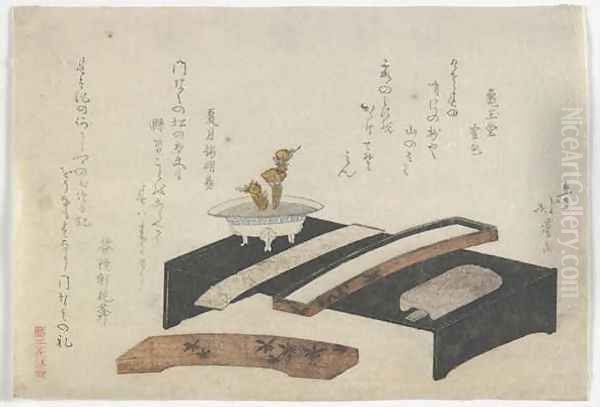 Surimono illustrating a writing desk Edo period Oil Painting by Toyota Hokkei